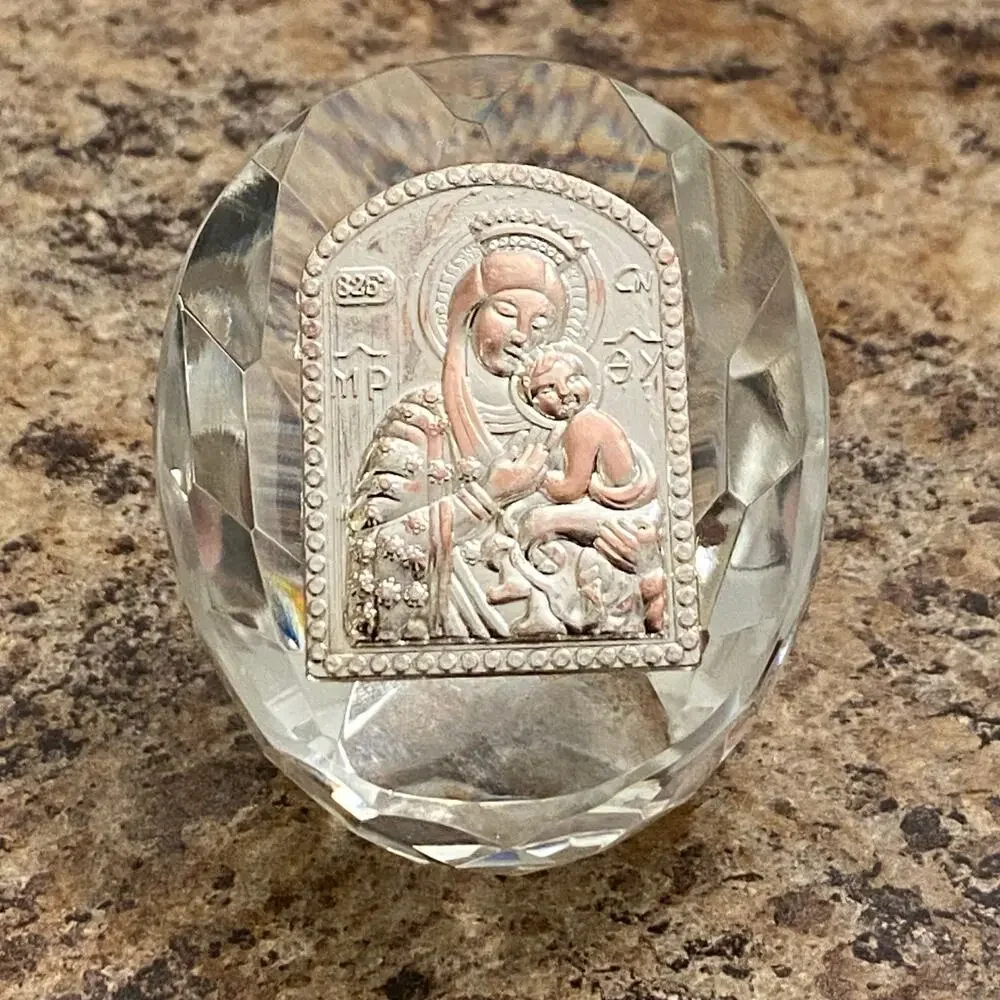 Self Standing Crystal Block with Virgin Mary and Baby Jesus Christ Mantle Decor